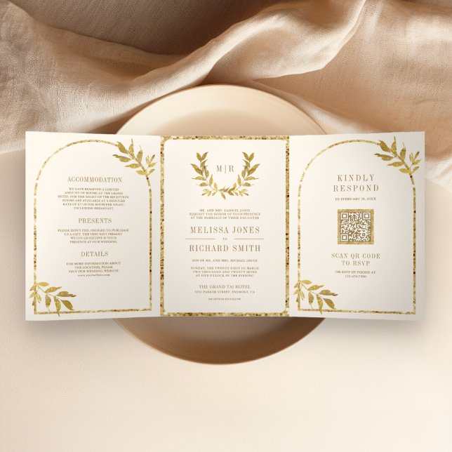 Convite Com Dobra Tripla Dourada Laurel Wreath Sai do Casamento de Creme (Criador carregado)