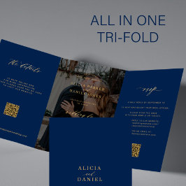 Convite Com Dobra Tripla Dourado azul marinho detalhes de RSVP de casamento