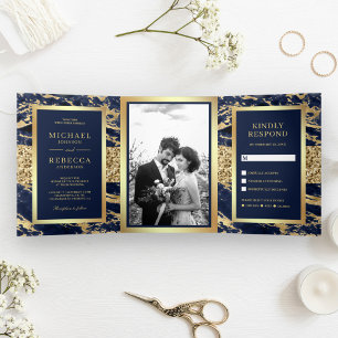 Convite Com Dobra Tripla Dourado Brilho Azul Marinho Mármore Foto Casamento