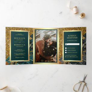 Convite Com Dobra Tripla Dourado Brilho Azul Mármore Foto Casamento