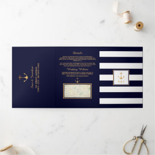 Convite Com Dobra Tripla Dourado Marinho de Âncora Blue & White Stripe Suit