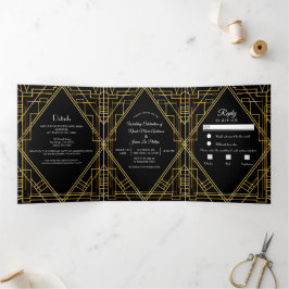 Convite Com Dobra Tripla Dourado Preto 20's Deco Elegante Trifold Casamento