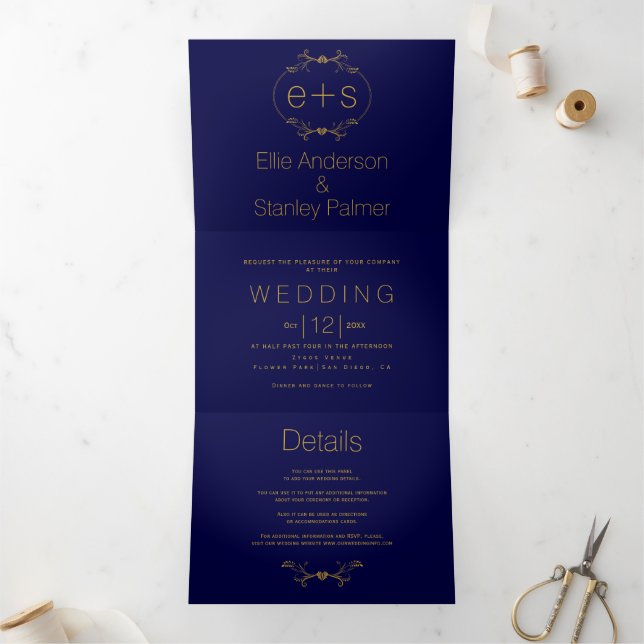 Convite Com Dobra Tripla Dourado quadro e iniciais monograma marinho casame (Dentro)