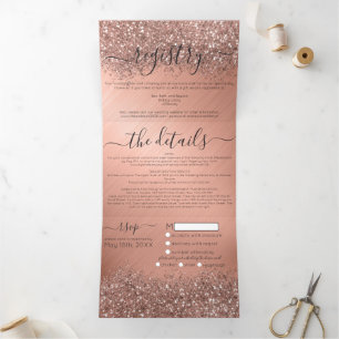 Convite Com Dobra Tripla Dourado Rosa com Brilho, Detalhe de Registro, RSVP