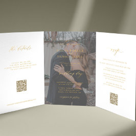 Convite Com Dobra Tripla Dourado script foto de casamento RSVP detalhes QR