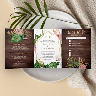 Convite Com Dobra Tripla Dourado Tropical Selvagem Rubor Rosa Floral Madeir