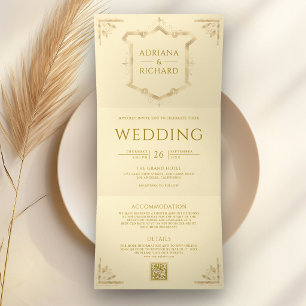 Convite Com Dobra Tripla Dourado Vintage Selo de Cera Código QR Casamento A