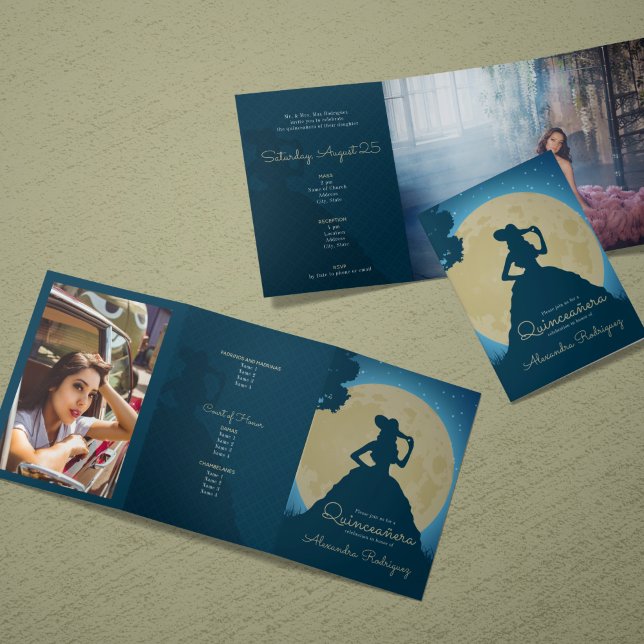 Convite Com Dobra Tripla Duas Fotografias Charro Silhouette com Moon Quince (Criador carregado)