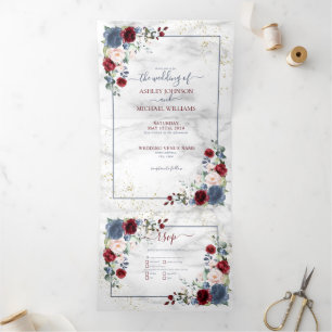 Convite Com Dobra Tripla Dusty Blue Burgundy Blush Dourado Casamento Floral