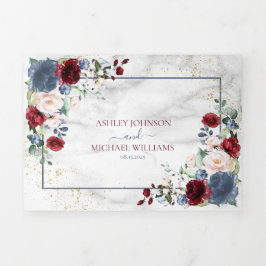 Convite Com Dobra Tripla Dusty Blue Burgundy Blush Dourado Casamento Floral