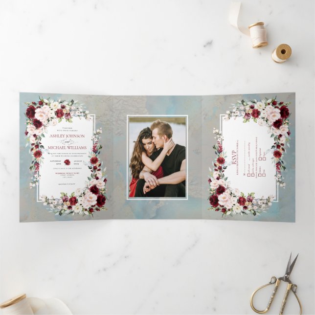 Convite Com Dobra Tripla Dusty Blue Burgundy Blush Foto Floral (Dentro)