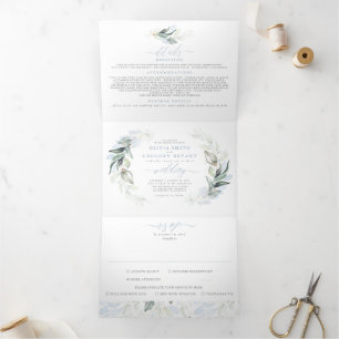 Convite Com Dobra Tripla Dusty Blue e Sage Elegant Greeneration Wedding