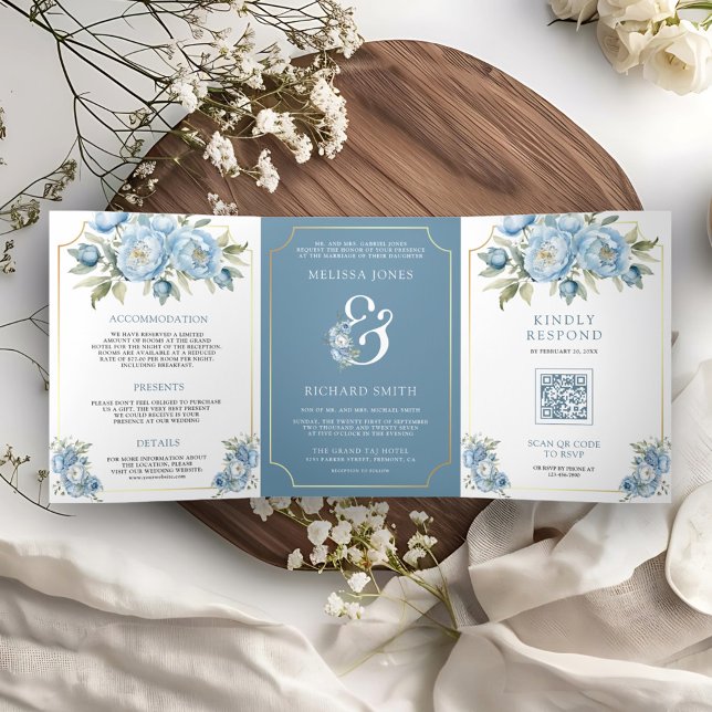 Convite Com Dobra Tripla Dusty Blue Floral Ampersand All in One Wedding (Criador carregado)