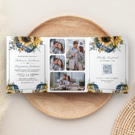 Convite Com Dobra Tripla Dusty Blue Roses Sunflowers Photo QR Code Wedding