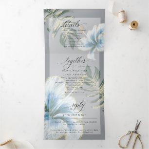 Convite Com Dobra Tripla Dusty Blue Watercolor Hibiscus Foliage Casamento