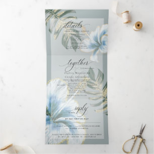 Convite Com Dobra Tripla Dusty Blue Watercolor Hibiscus Foliage Casamento T