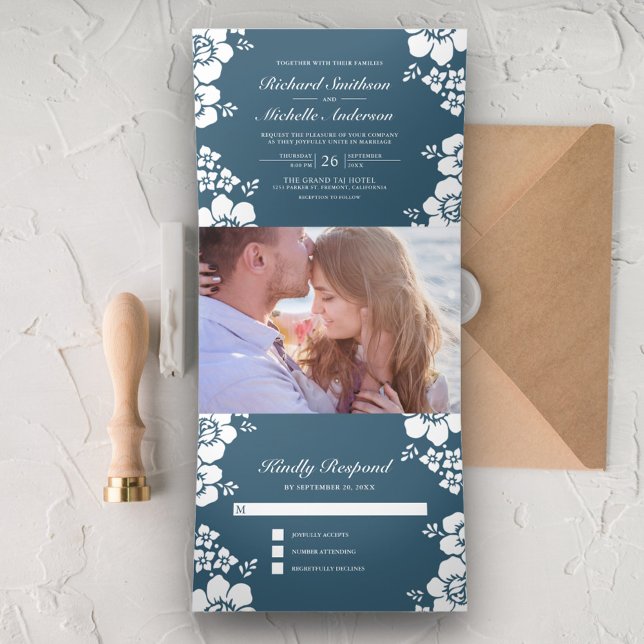 Convite Com Dobra Tripla Dusty Blue White Floral All in One Photo Weding (Criador carregado)