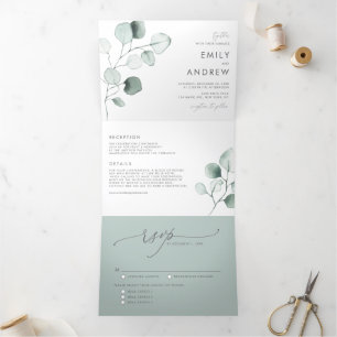 Convite Com Dobra Tripla Dusty Green Watercolor Eucalyptus Deixa Casamento
