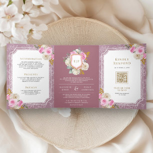 Convite Com Dobra Tripla Dusty Mauve Pink Floral Tudo em Um Casamento Crest