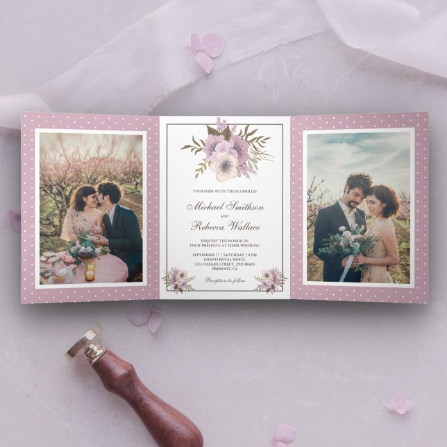 Convite Com Dobra Tripla Dusty Mauve Pink Foto De Casamento Floral (Criador carregado)