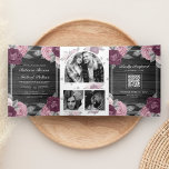 Convite Com Dobra Tripla Dusty Mauve Purple Rosa Rosa Rosa QR Code Wood Cas<br><div class="desc">Surpreenda seus convidados com este elegante tudo em um convite de casamento com belos rosas e tipografia moderna com código QR para RSVP online. Basta adicionar os detalhes do seu evento neste modelo fácil de usar e adorar este cartão com as suas fotografias favoritas para o tornar um convite único....</div>