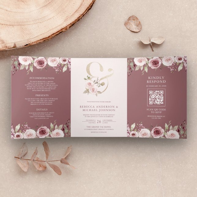 Convite Com Dobra Tripla Dusty Rosa Blush Floral Ampersand Código QR Casame (Criador carregado)