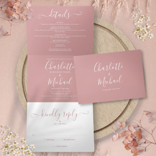 Convite Com Dobra Tripla Dusty Rosa Elegant Script Monograma Wedding