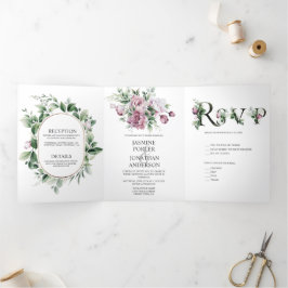 Convite Com Dobra Tripla Dusty Rosa Peonies Greenery Wedding |