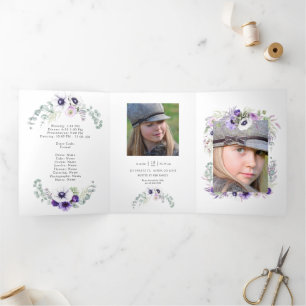 Convite Com Dobra Tripla Dusty Violet Watercolor Floral Quinceañera