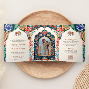 Convite Com Dobra Tripla Elefante Creme Arte Popular Indiana Vibrante Casam