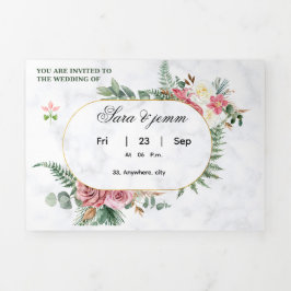 Convite Com Dobra Tripla Elegant Floral Wedding Invitation with Gold Oval F