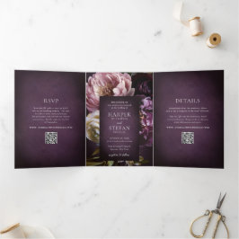 Convite Com Dobra Tripla Elegant Maximalist Purple Floral QR Code Wedding