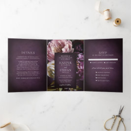 Convite Com Dobra Tripla Elegant Maximalist Purple Floral Wedding