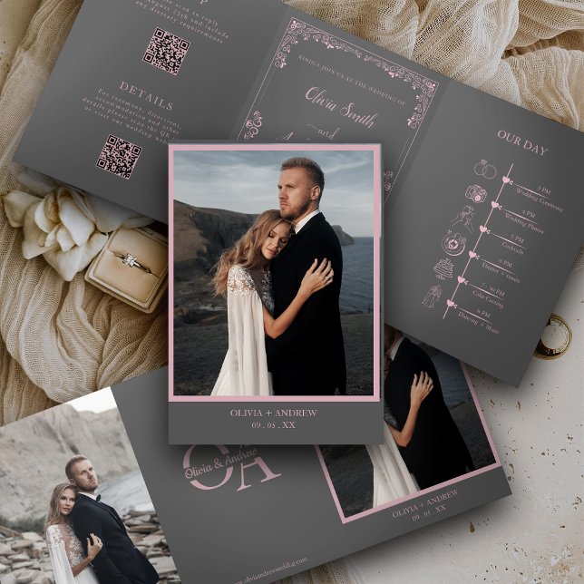 Convite Com Dobra Tripla Elegant Photo QR code All in one RSVP wedding (Criador carregado)