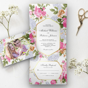 Convite Com Dobra Tripla Elegant Pink Roses Jardim Botânico 3 em 1 Casament