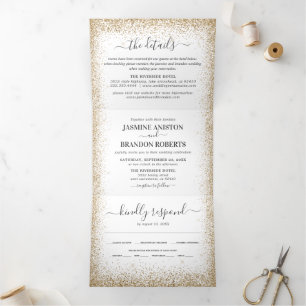 Convite Com Dobra Tripla Elegante 3 em 1 Casamento Dourado com Literatura