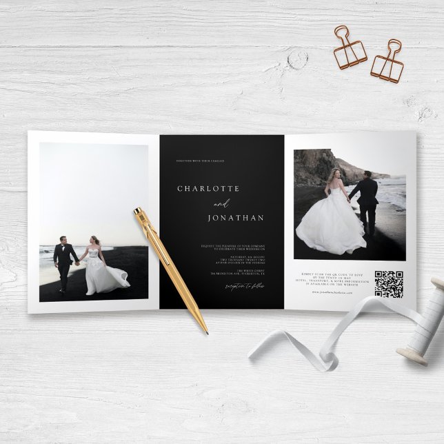 Convite Com Dobra Tripla Elegante Black Wedding RSVP Detalhes do Código QR  (Criador carregado)