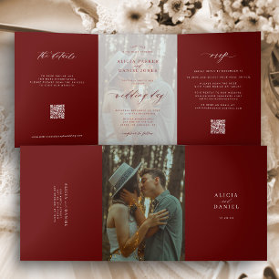 Convite Com Dobra Tripla Elegante burgundy de Natal foto casamento RSVP QR