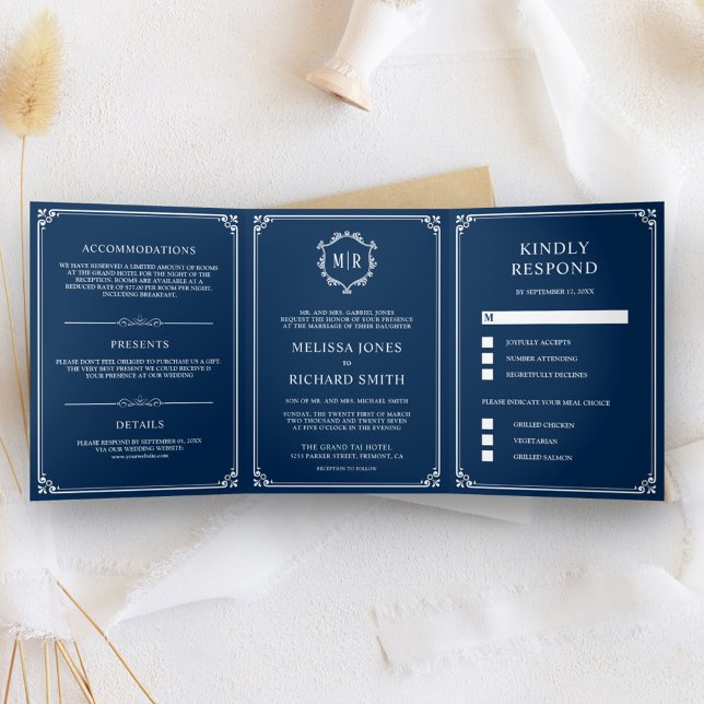 Convite Com Dobra Tripla Elegante Casamento Clássico em Azul Marinho com Mo (Criador carregado)