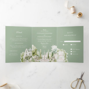 Convite Com Dobra Tripla Elegante Casamento de Jardim em Mansão com Aquarel
