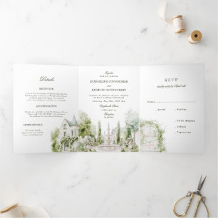 Convite Com Dobra Tripla Elegante Casamento no Jardim da Mansão em Aquarela