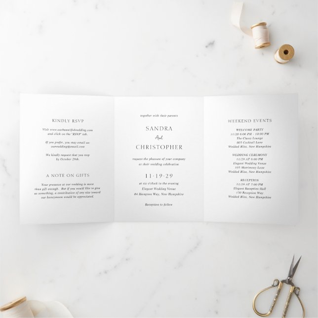 Convite Com Dobra Tripla Elegante Casamento Simples Moderno Preto e Branco (Dentro)