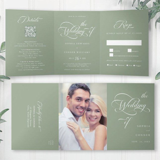 Convite Com Dobra Tripla Elegante Charm Script Wedding Sage Green (Inside & Outside)