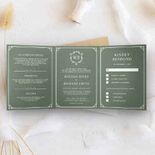 Convite Com Dobra Tripla Elegante Clássico Casamento Monograma Verde Salvia