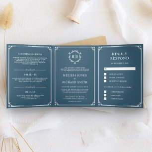 Convite Com Dobra Tripla Elegante Clássico Monograma Casamento Azul Empoeir