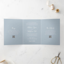 Convite Com Dobra Tripla Elegante Código QR Azul Pó Casamento Moderno