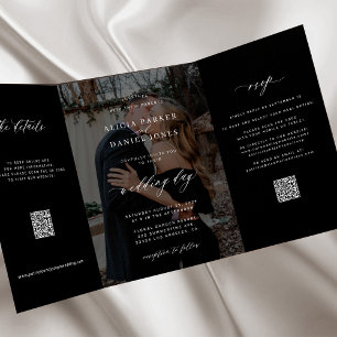 Convite Com Dobra Tripla Elegante código QR de detalhes de RSVP de casament