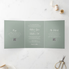Convite Com Dobra Tripla Elegante Código QR Verde Sage Casamento Moderno