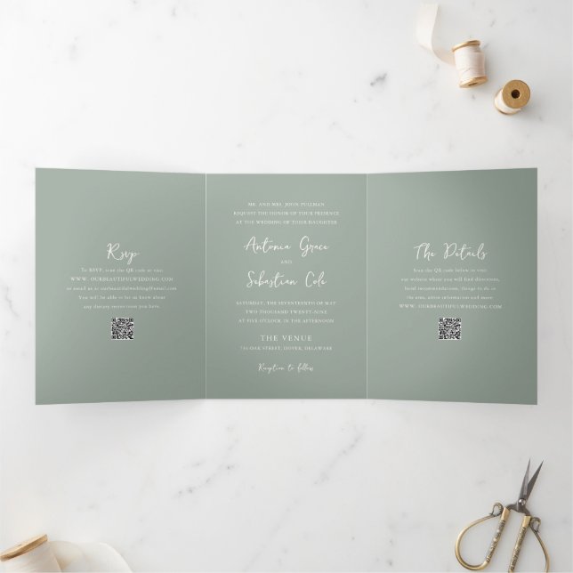 Convite Com Dobra Tripla Elegante Código QR Verde Sage Casamento Moderno (Dentro)