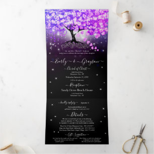 Convite Com Dobra Tripla Elegante Coração de Folha Rosa Roxo Casamento Tri-